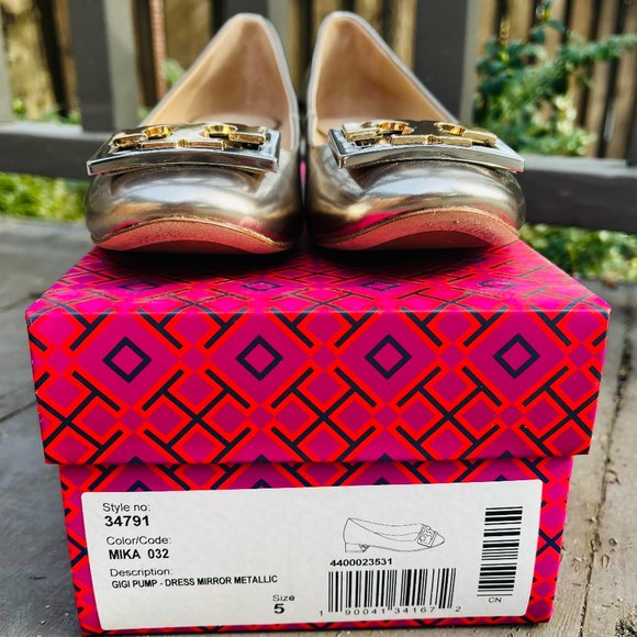 Tory Burch Gigi Dress Pumps in Metallic Gold w/ T Logo & Blocked Heel, Brand-New - Picture 6 of 13